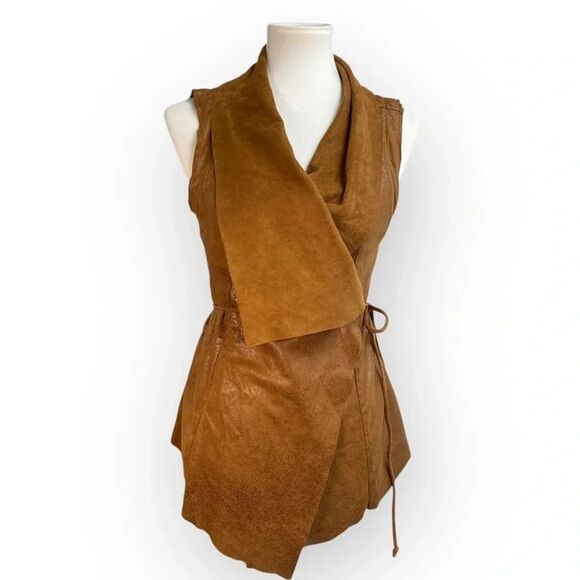 Comme USA Faux Suede Leather Vest, small. Belt tie wrap waterfall cowl brown tan - Picture 8 of 12